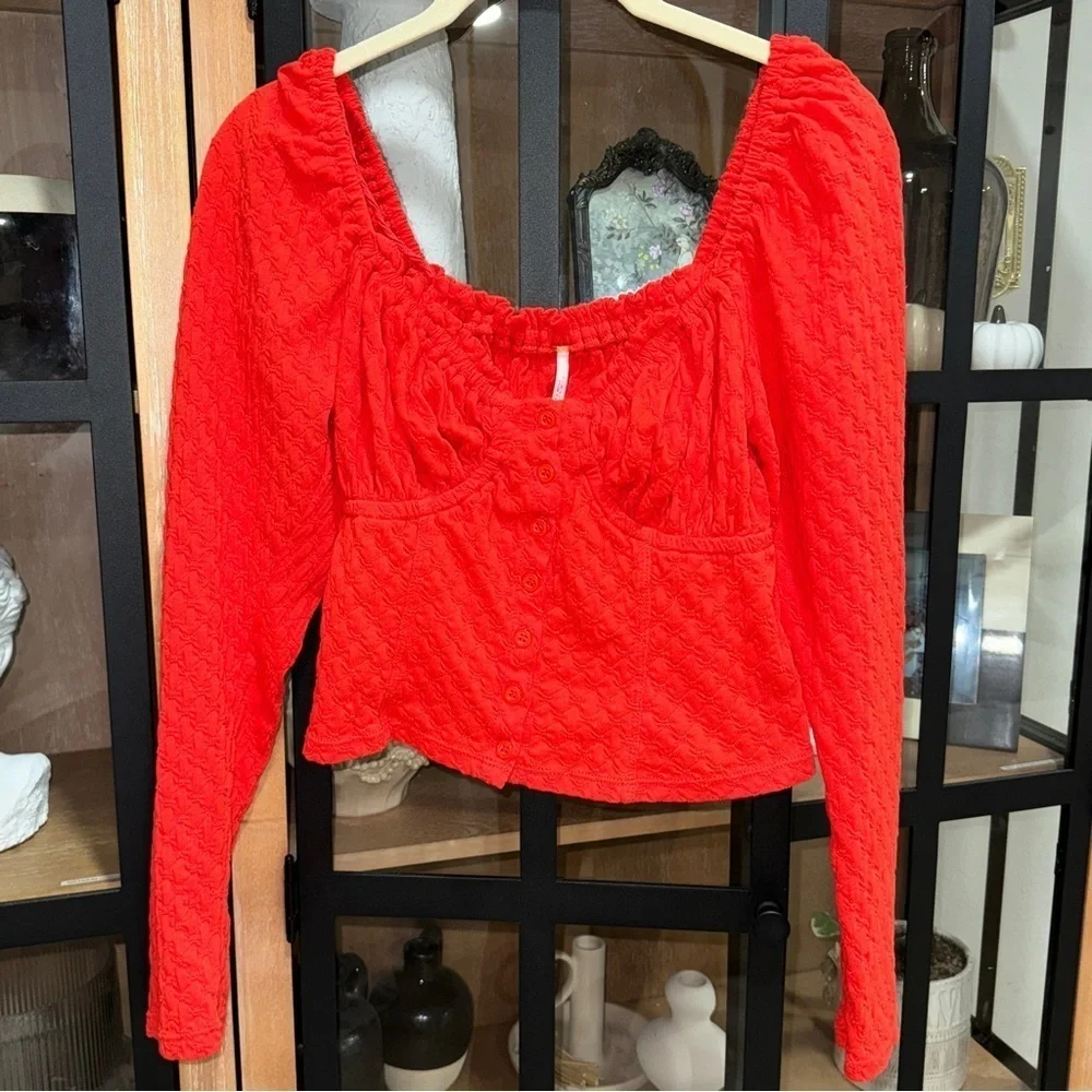 Free People ladybug top corset sweetheart long sleeve crop textured knit fire